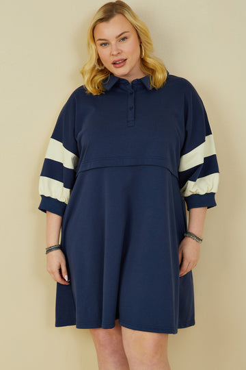 HY9233 Yellow Womens Colorblock Sleeve Collared French Terry Dress Front